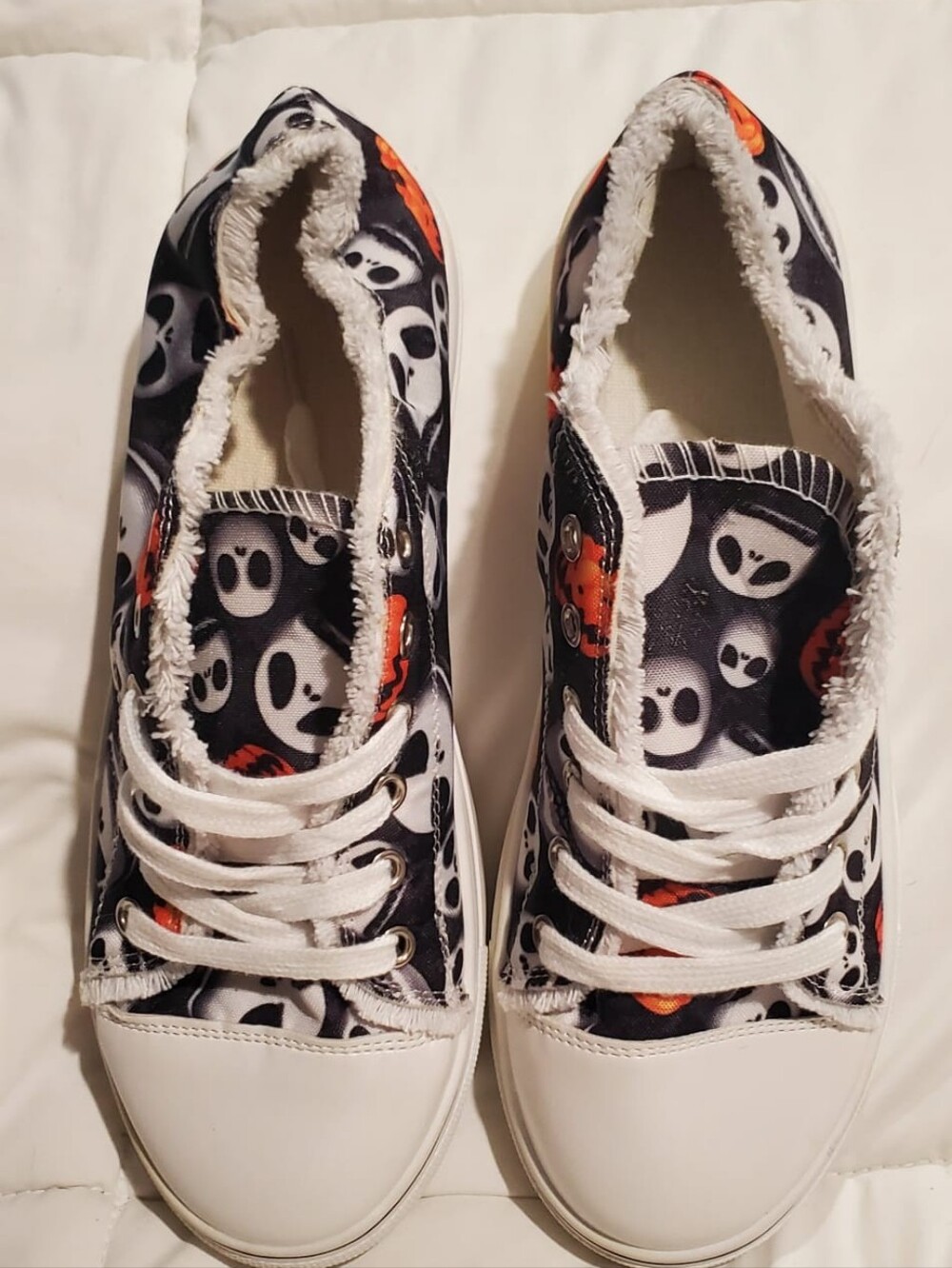 Kids Ghost Print Lace-Up Sneakers - White/Black with Orange Accents